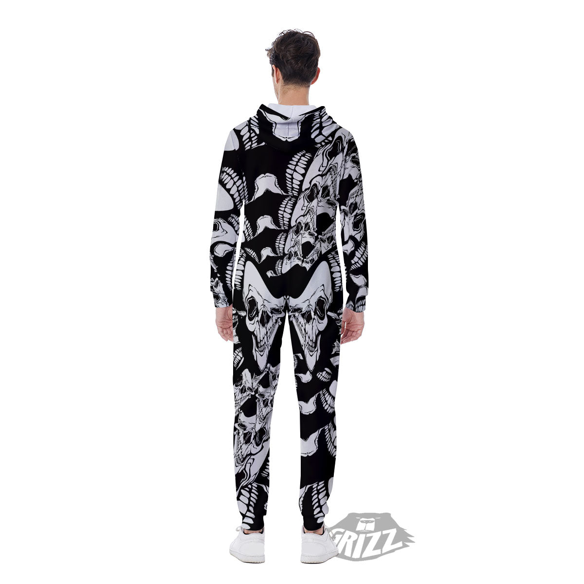 Psychedelic Black And White Skull Print Men's Jumpsuit-grizzshop