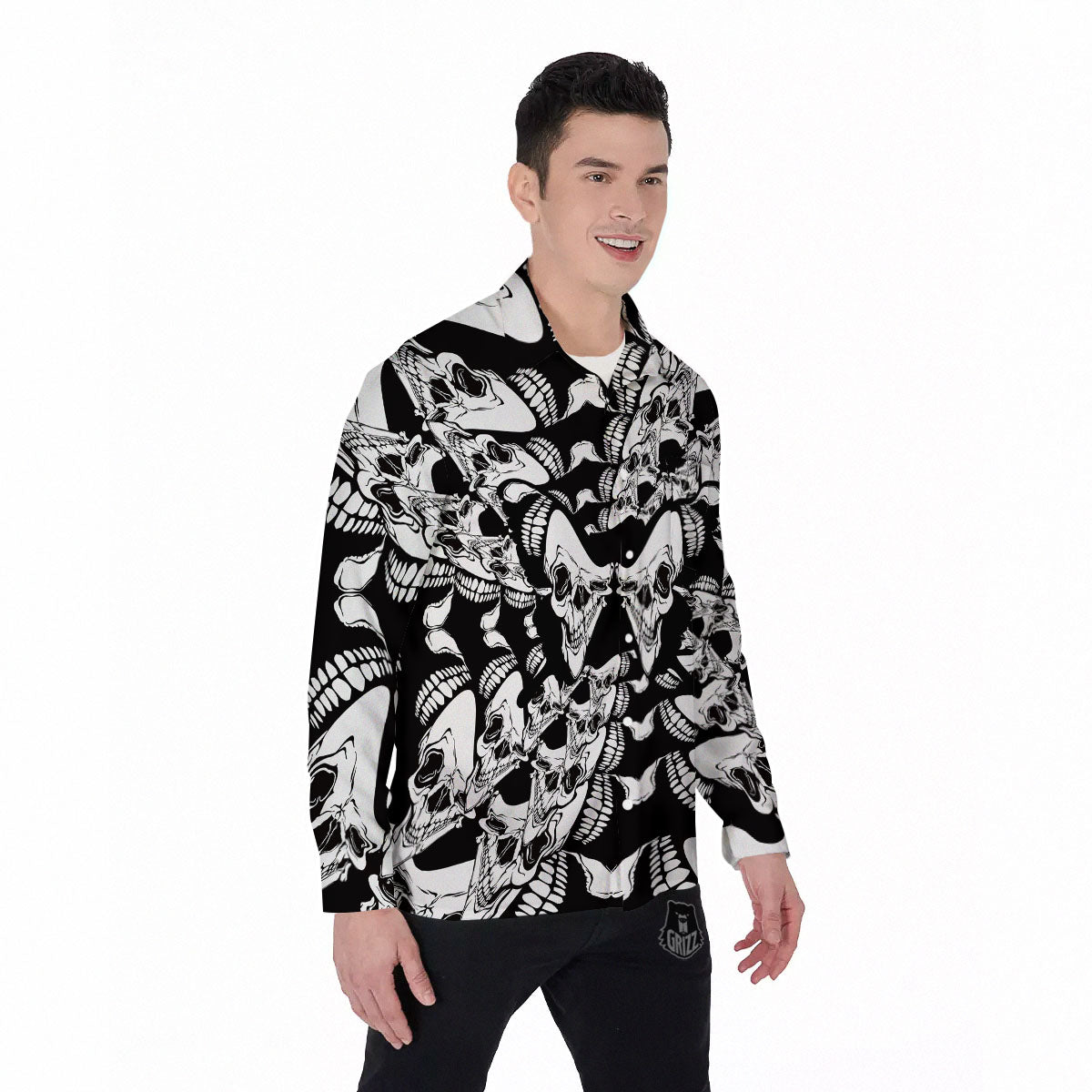 Psychedelic Black And White Skull Print Men's Long Sleeve Shirts-grizzshop