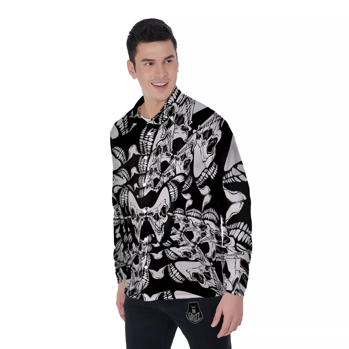 Psychedelic Black And White Skull Print Men's Long Sleeve Shirts-grizzshop