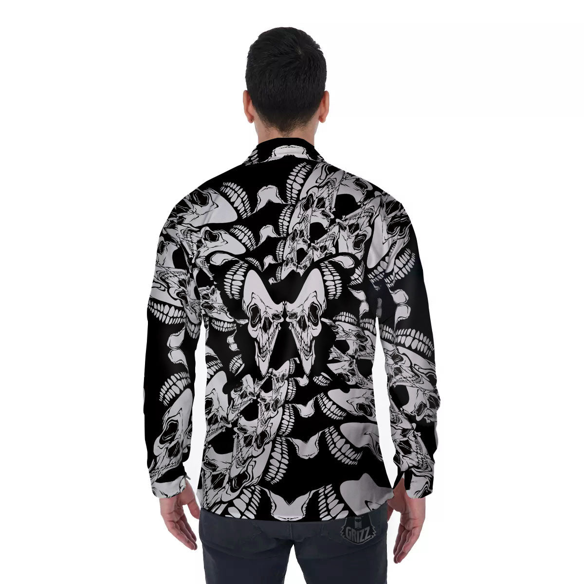 Psychedelic Black And White Skull Print Men's Long Sleeve Shirts-grizzshop
