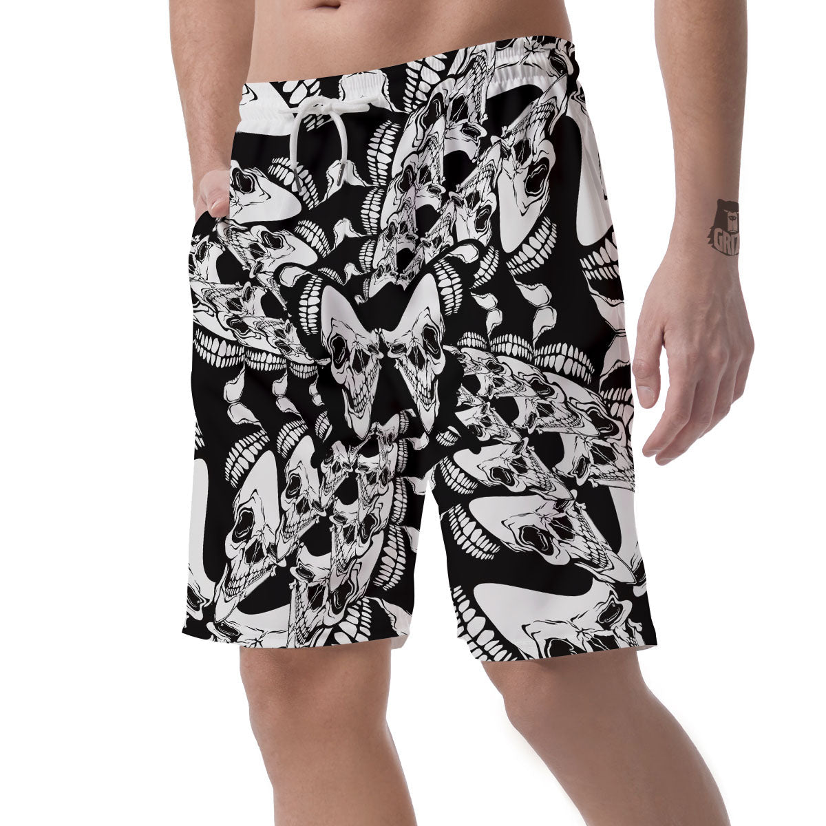 Psychedelic Black And White Skull Print Men's Shorts-grizzshop