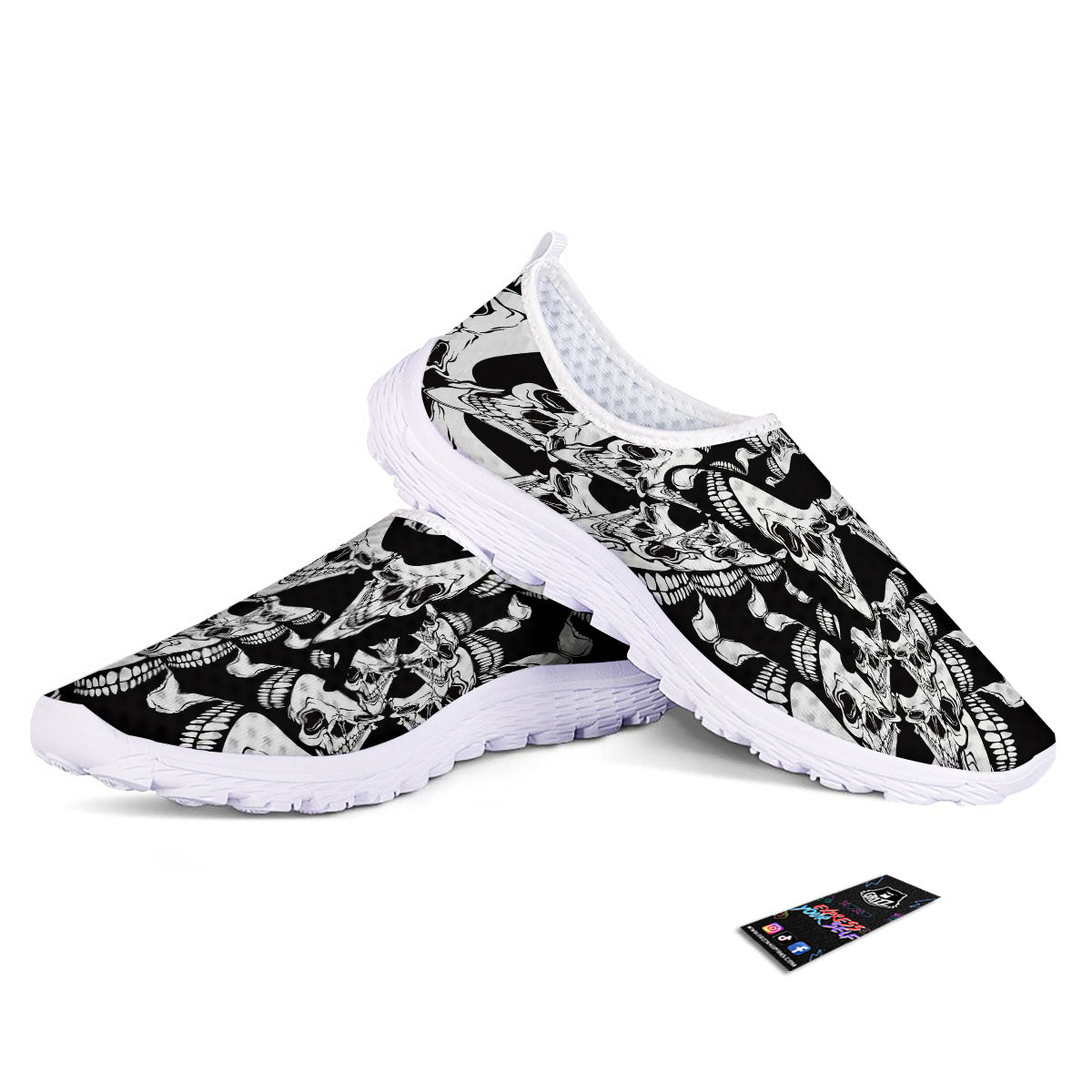 Psychedelic Black And White Skull Print Nurse Shoes-grizzshop
