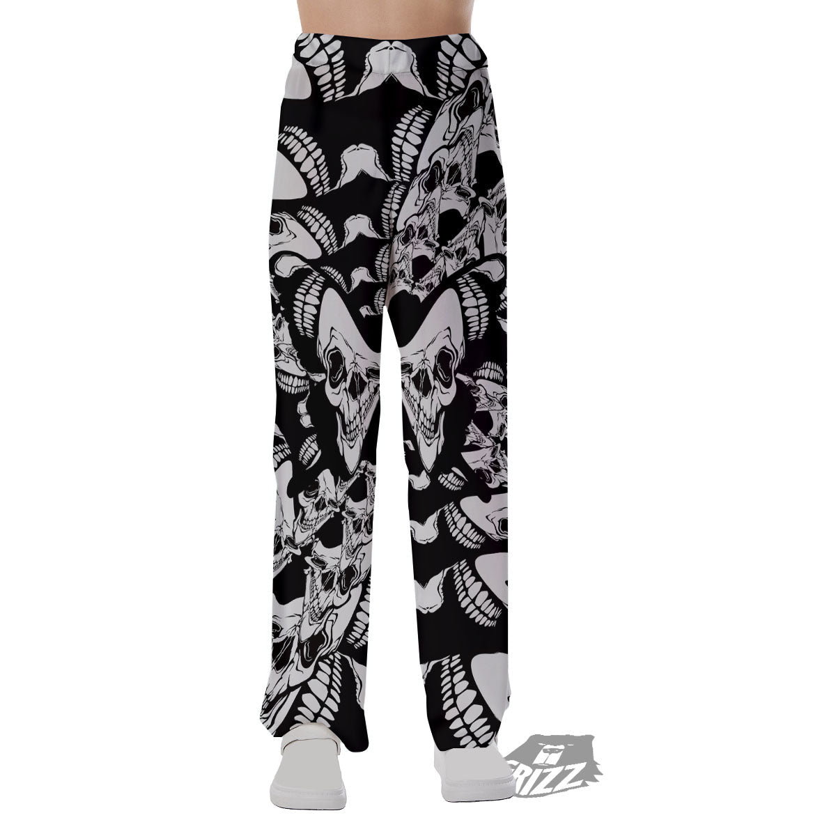 Psychedelic Black And White Skull Print Pajama Pants-grizzshop