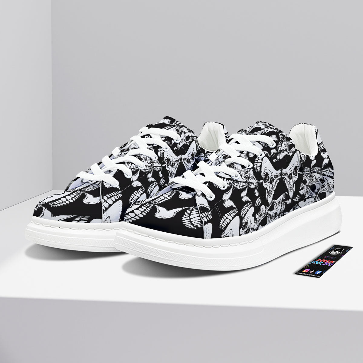 Psychedelic Black And White Skull Print Platform Shoes-grizzshop