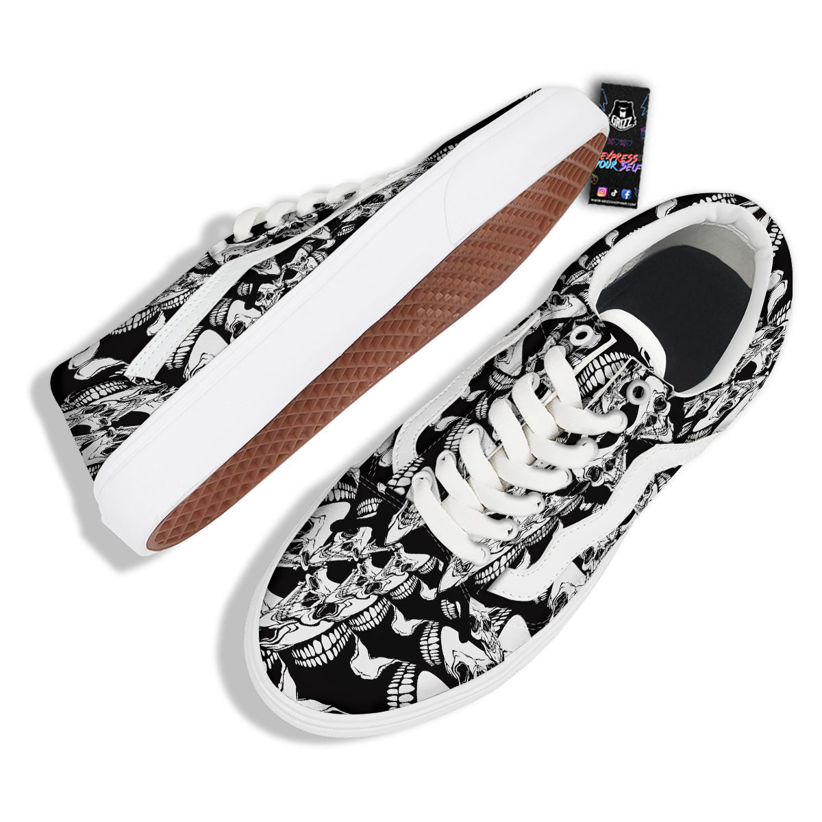 Psychedelic Black And White Skull Print Skate Shoes-grizzshop