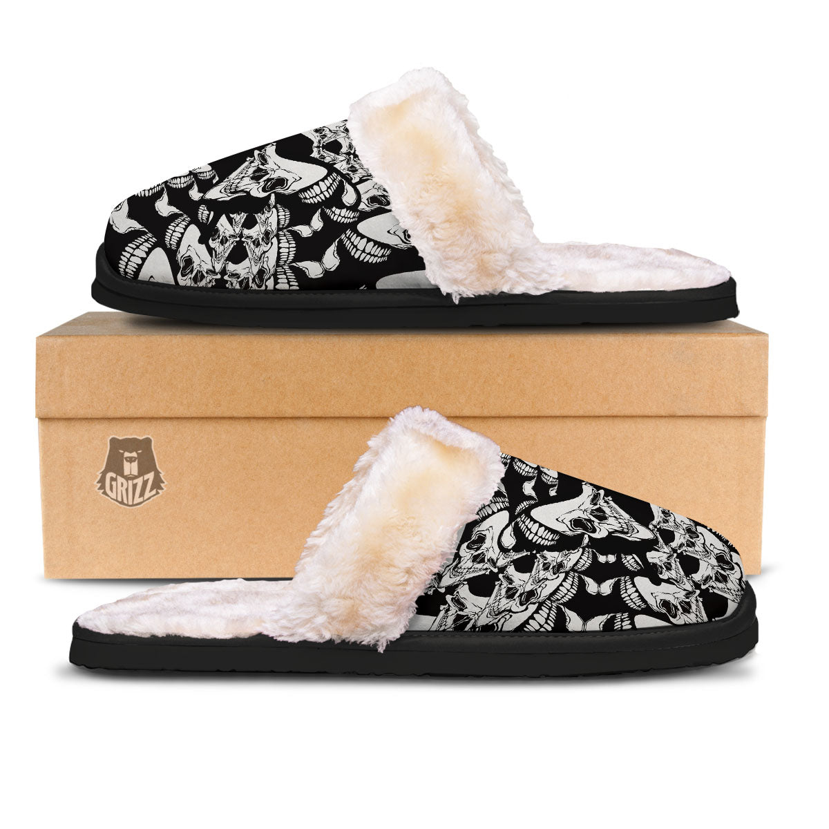 Psychedelic Black And White Skull Print Slippers-grizzshop