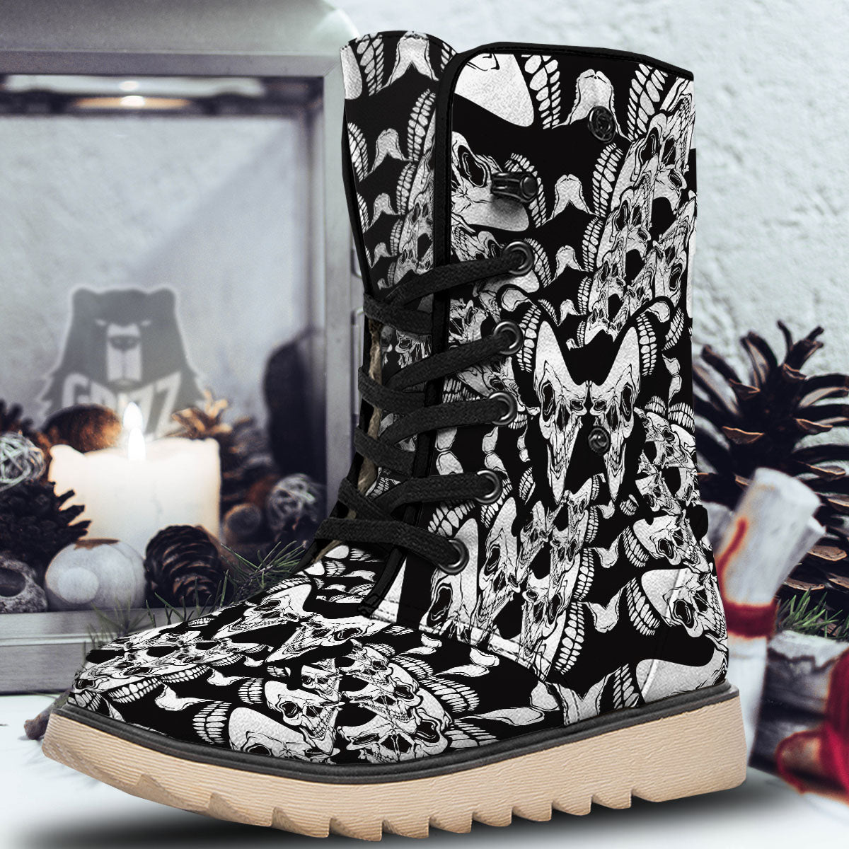 Psychedelic Black And White Skull Print Snow Boots-grizzshop