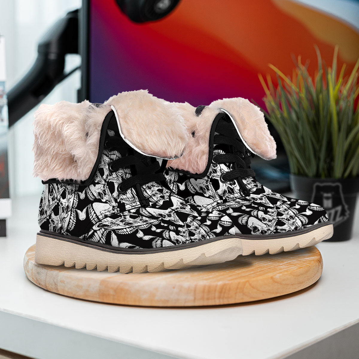 Psychedelic Black And White Skull Print Snow Boots-grizzshop