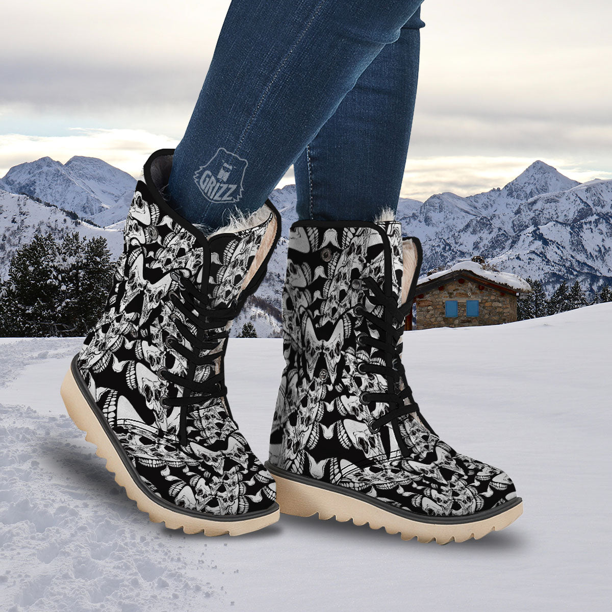 Psychedelic Black And White Skull Print Snow Boots-grizzshop