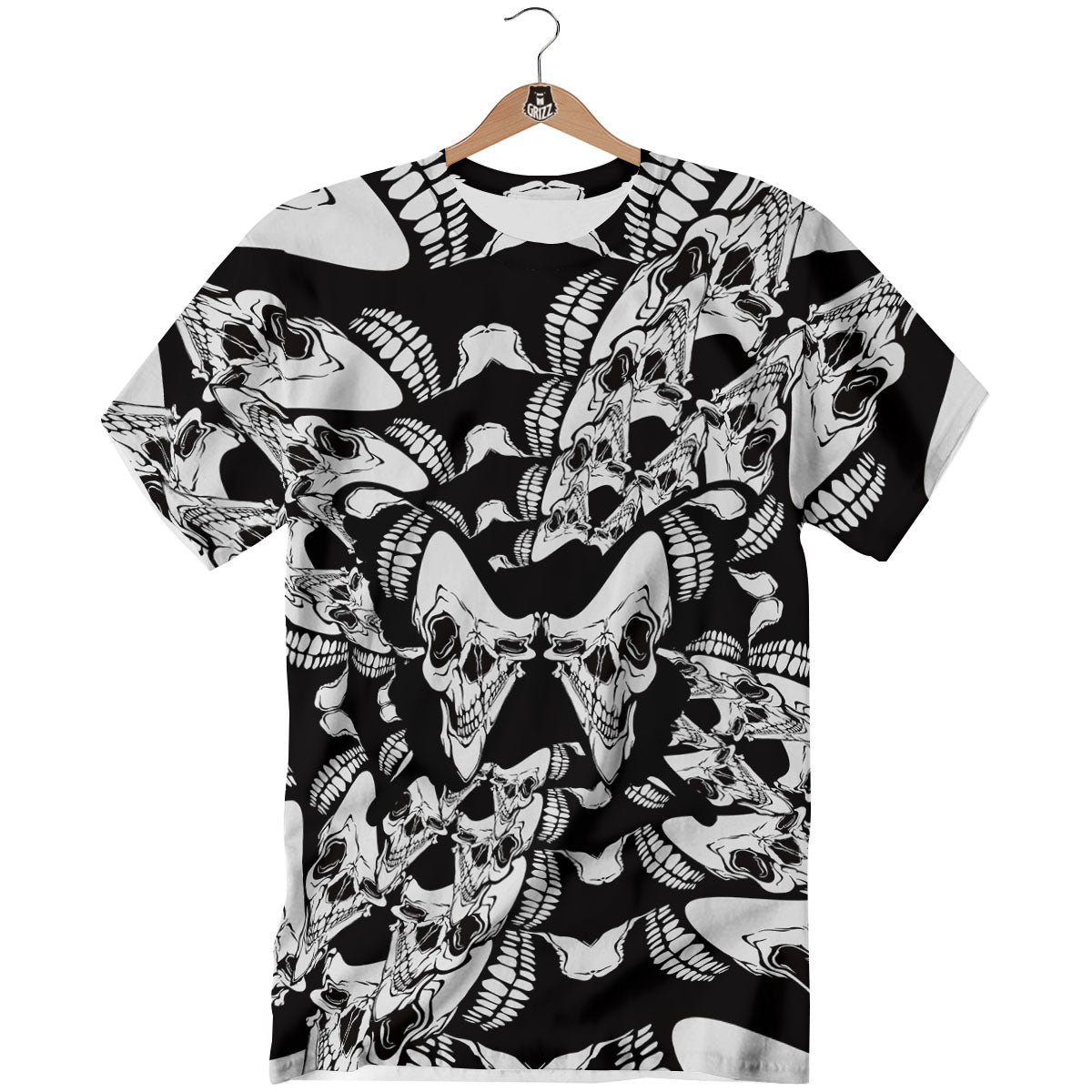 Psychedelic Black And White Skull Print T-Shirt-grizzshop