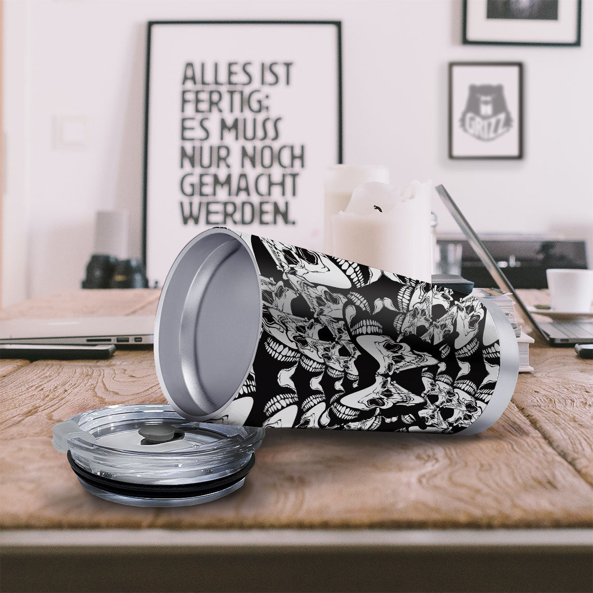 Psychedelic Black And White Skull Print Tumbler-grizzshop