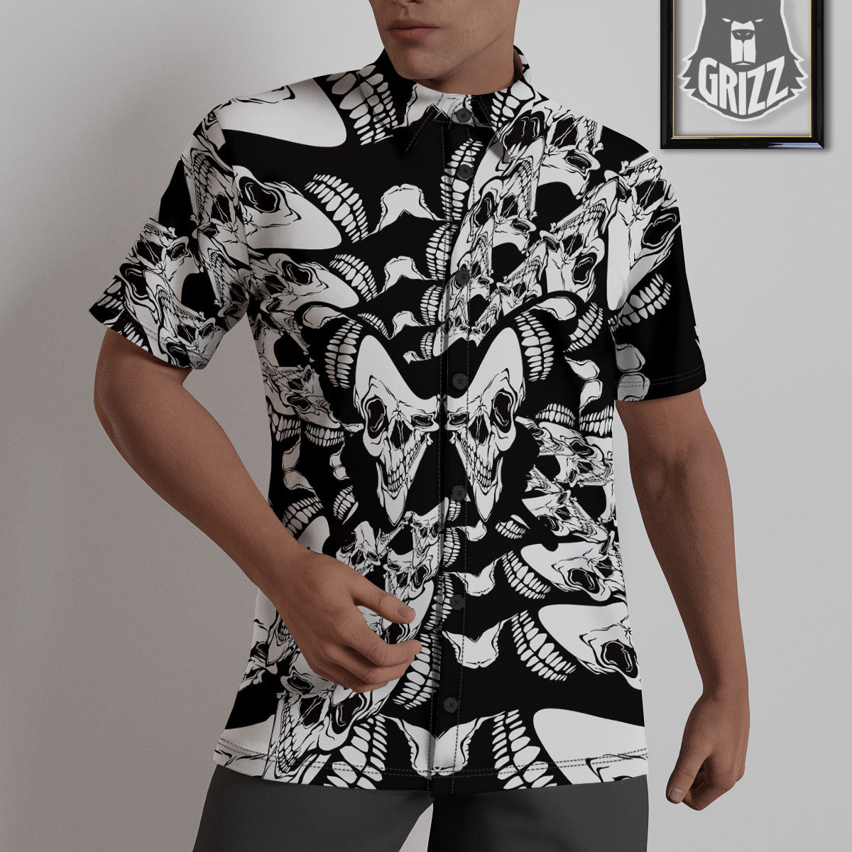 Psychedelic Black And White Skull Print Untucked Shirts-grizzshop