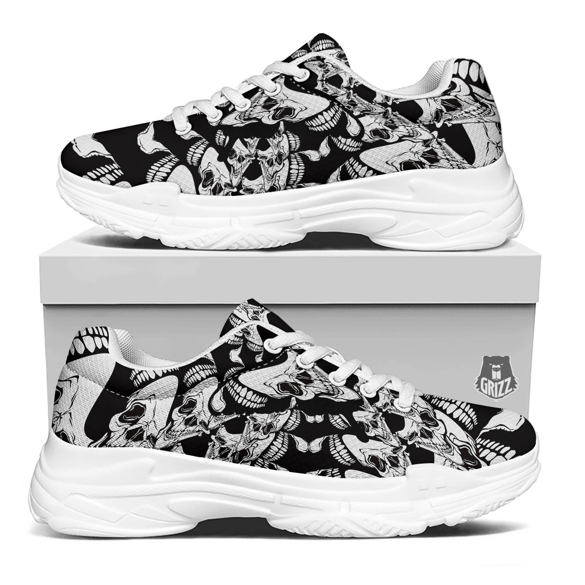 Psychedelic Black And White Skull Print White Chunky Shoes-grizzshop