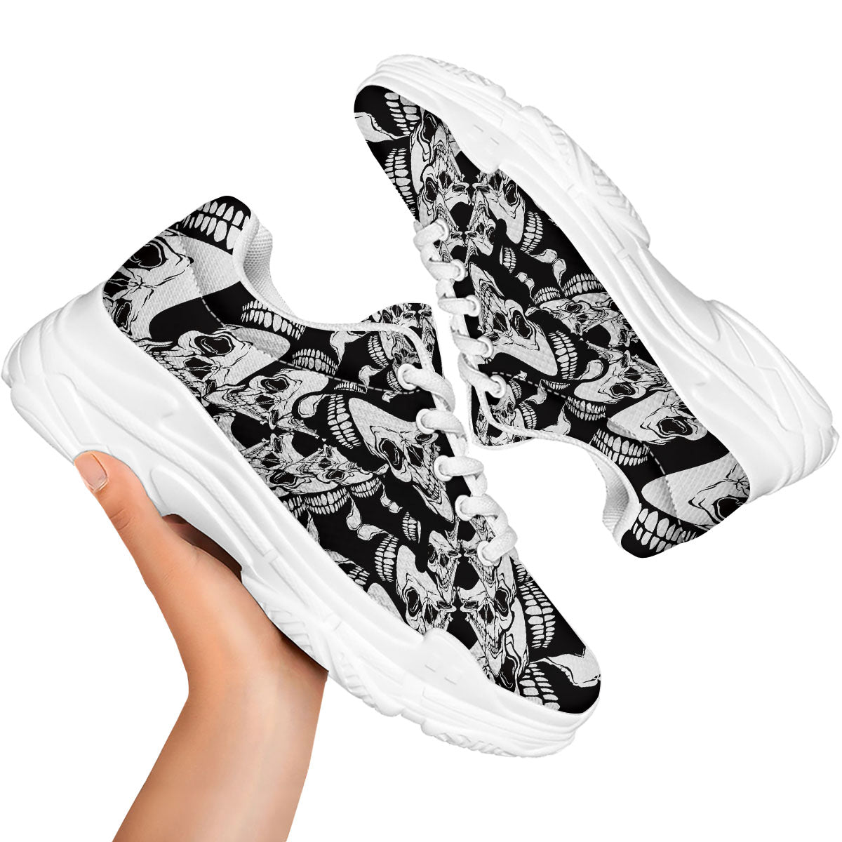 Psychedelic Black And White Skull Print White Chunky Shoes-grizzshop