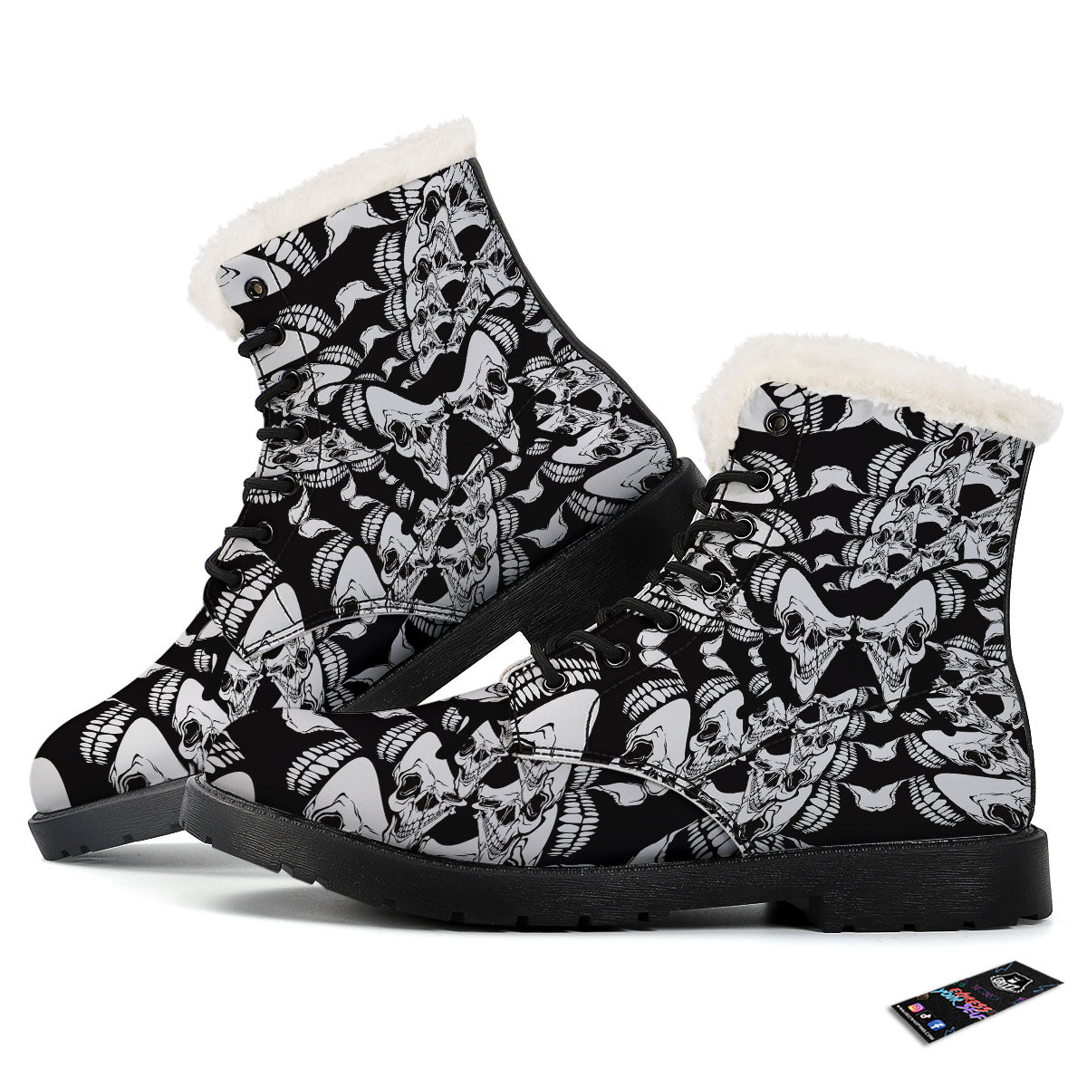 Psychedelic Black And White Skull Print Winter Boots-grizzshop