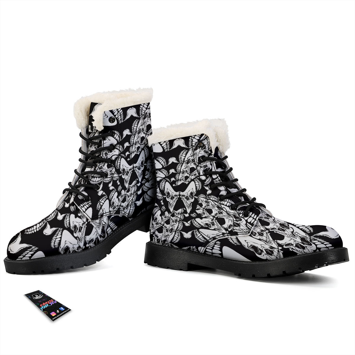 Psychedelic Black And White Skull Print Winter Boots-grizzshop