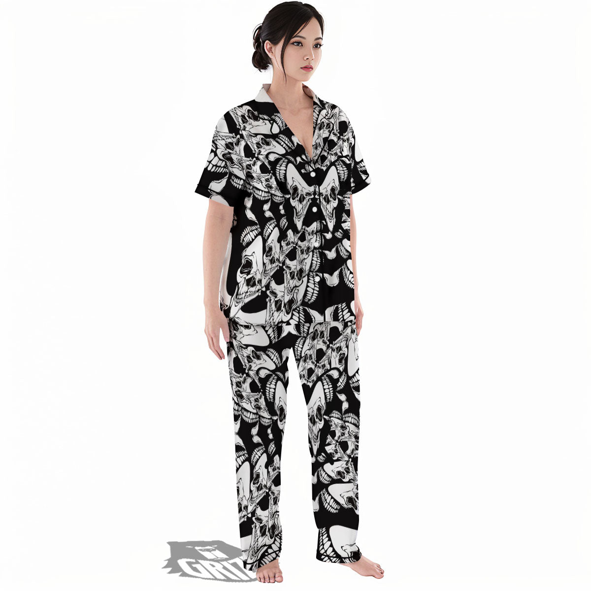 Psychedelic Black And White Skull Print Women's Pajamas Set-grizzshop