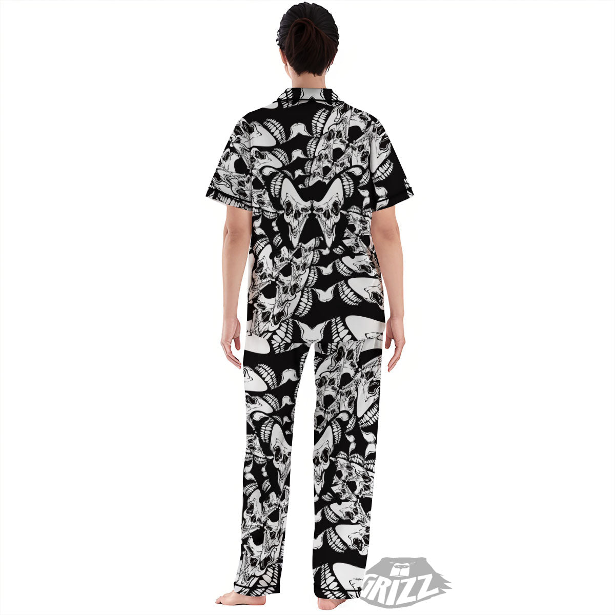 Psychedelic Black And White Skull Print Women's Pajamas Set-grizzshop