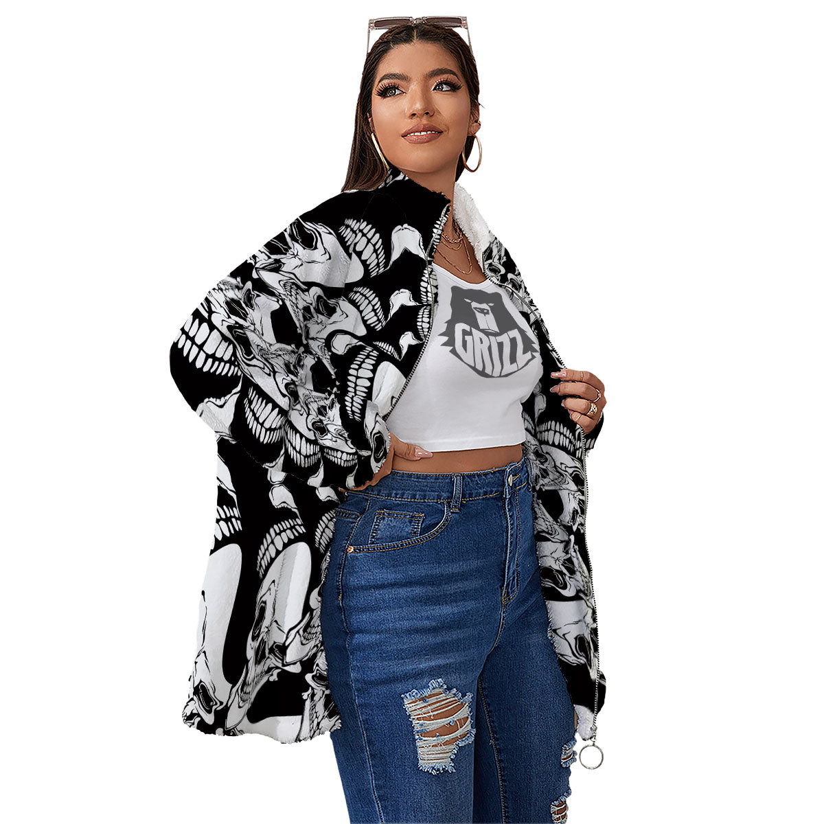 Psychedelic Black And White Skull Print Women's Sherpa Jacket-grizzshop