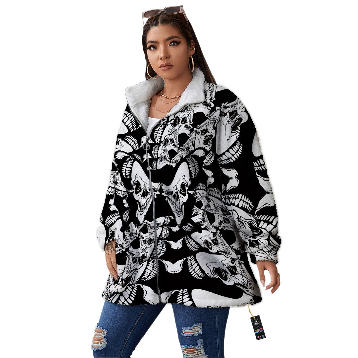 Psychedelic Black And White Skull Print Women's Sherpa Jacket-grizzshop