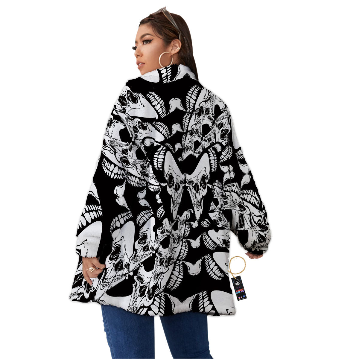 Psychedelic Black And White Skull Print Women's Sherpa Jacket-grizzshop