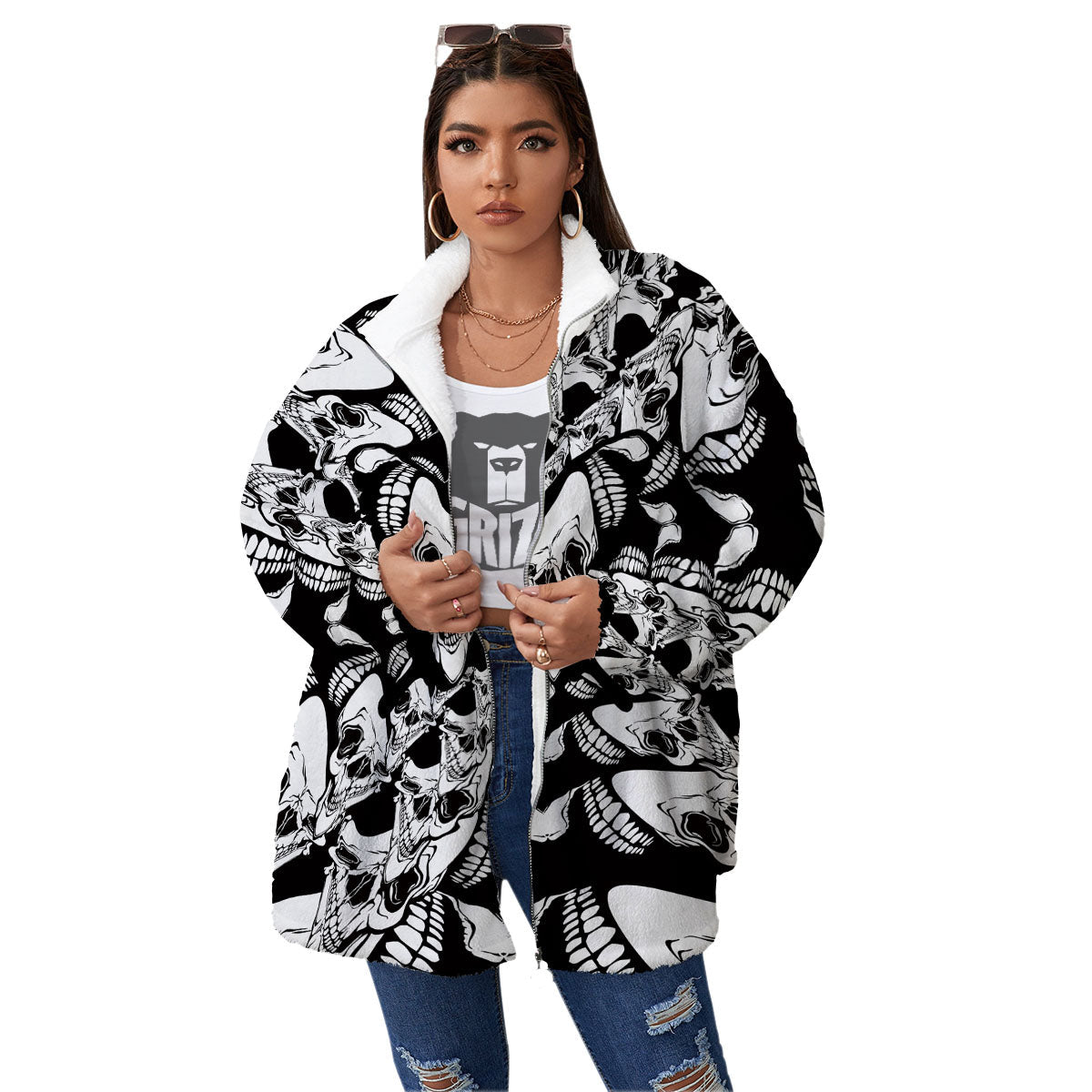 Psychedelic Black And White Skull Print Women's Sherpa Jacket-grizzshop