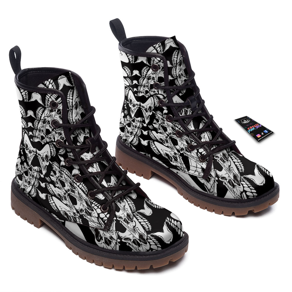 Psychedelic Black And White Skull Print Work Boots-grizzshop