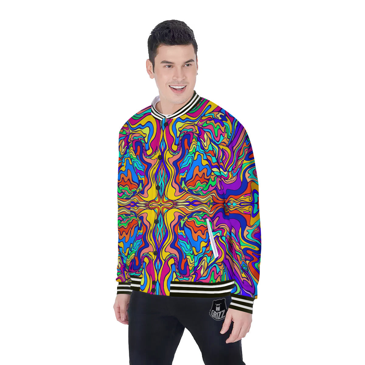 Psychedelic Colorful Fractal Mirror Print Baseball Jacket-grizzshop