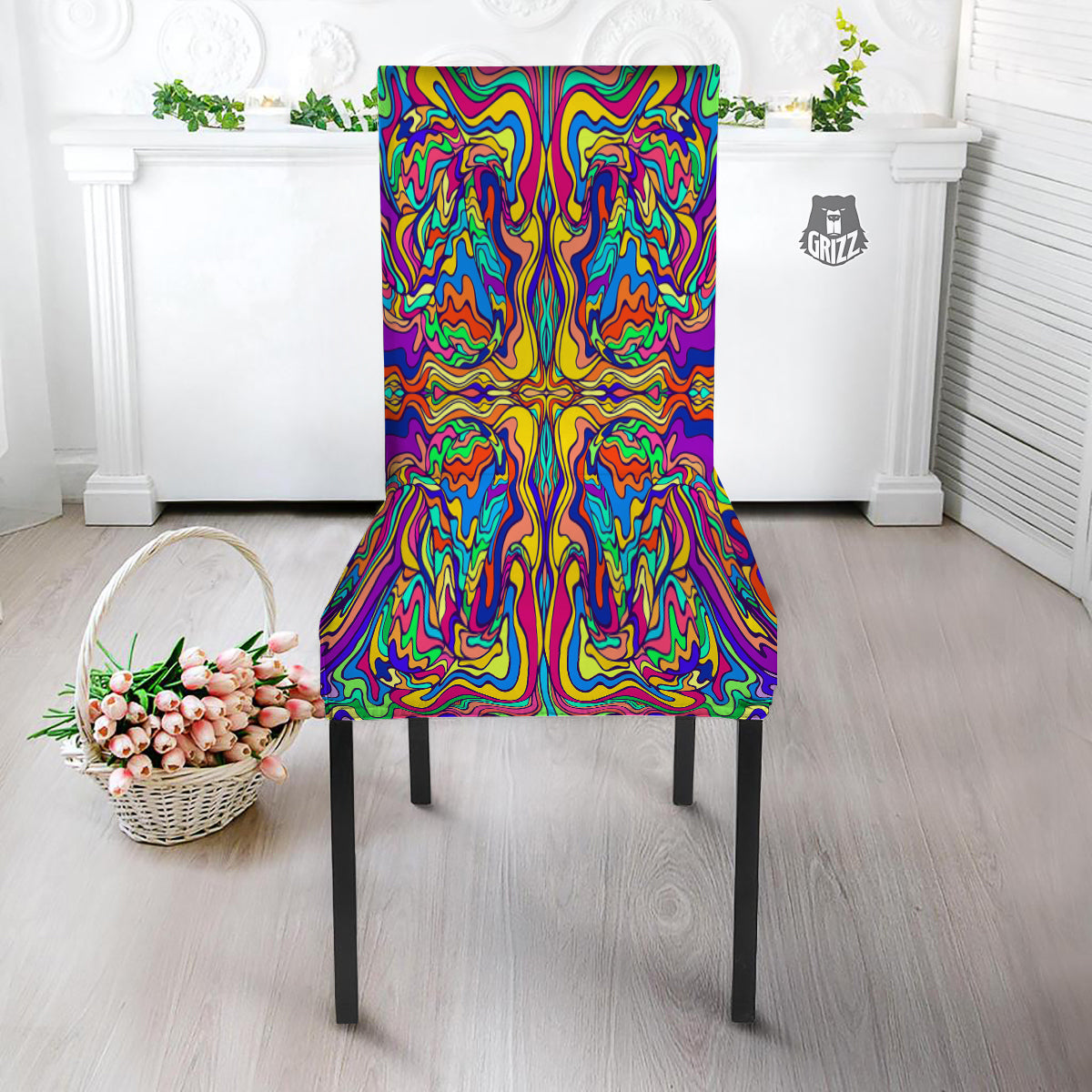 Psychedelic Colorful Fractal Mirror Print Dining Chair Slipcover-grizzshop