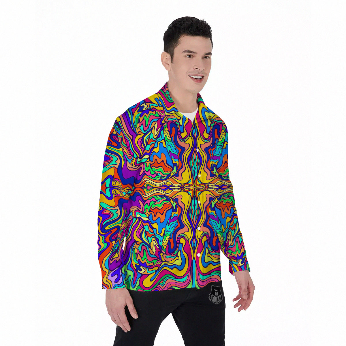 Psychedelic Colorful Fractal Mirror Print Men's Long Sleeve Shirts-grizzshop