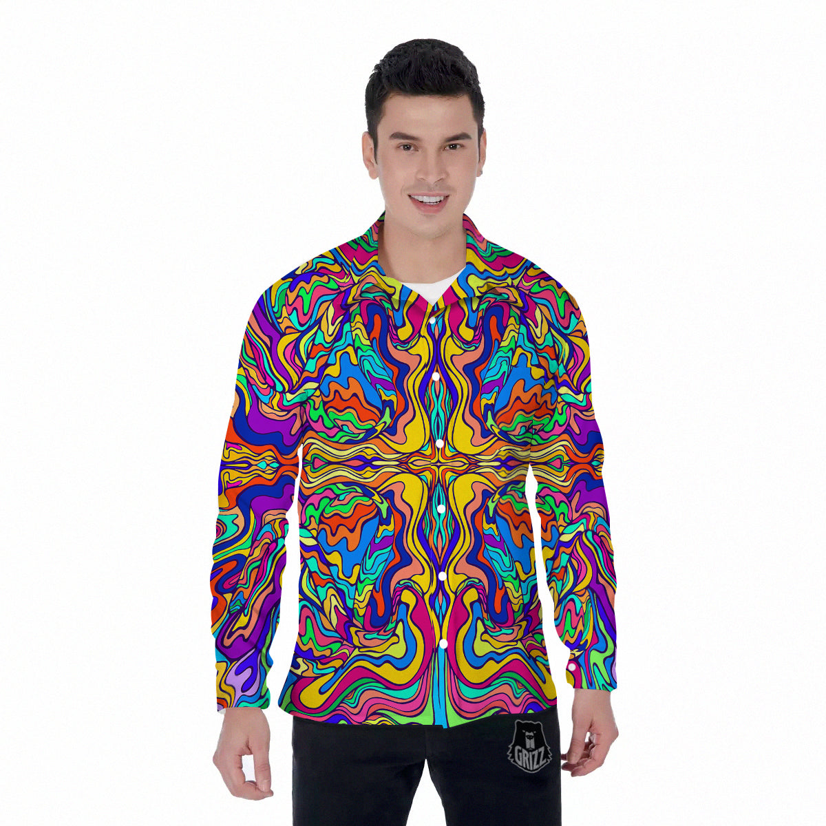 Psychedelic Colorful Fractal Mirror Print Men's Long Sleeve Shirts-grizzshop