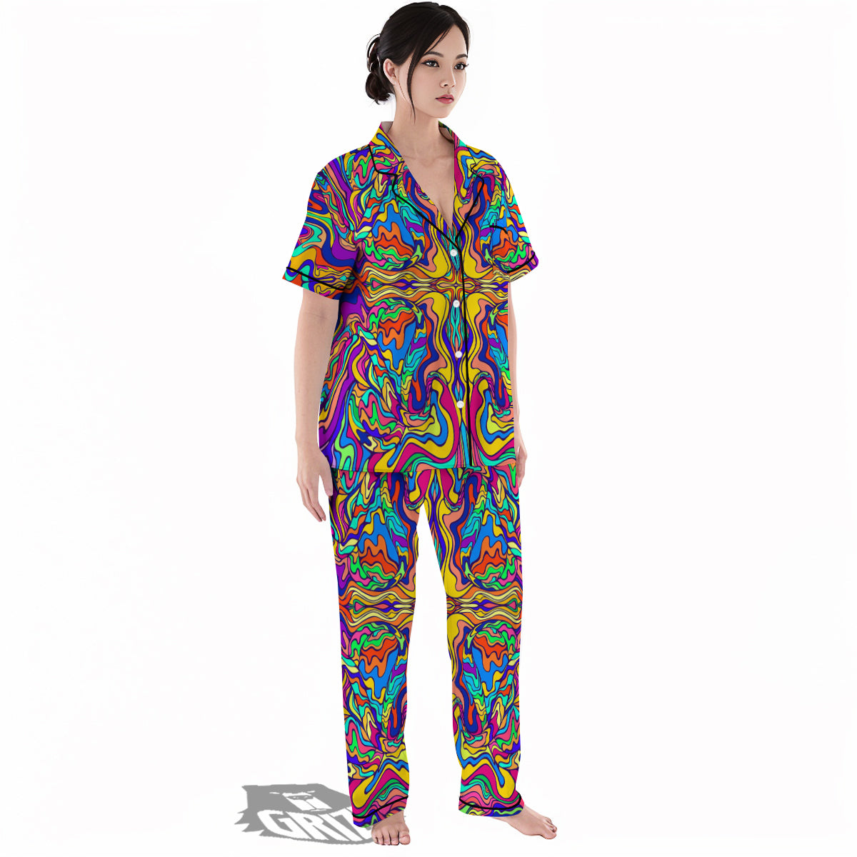 Psychedelic Colorful Fractal Mirror Print Women's Pajamas Set-grizzshop