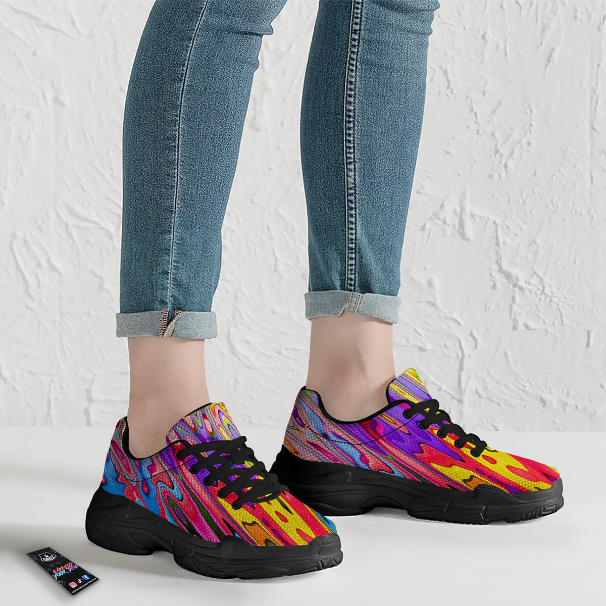 Psychedelic Colorful Print Black Chunky Shoes-grizzshop