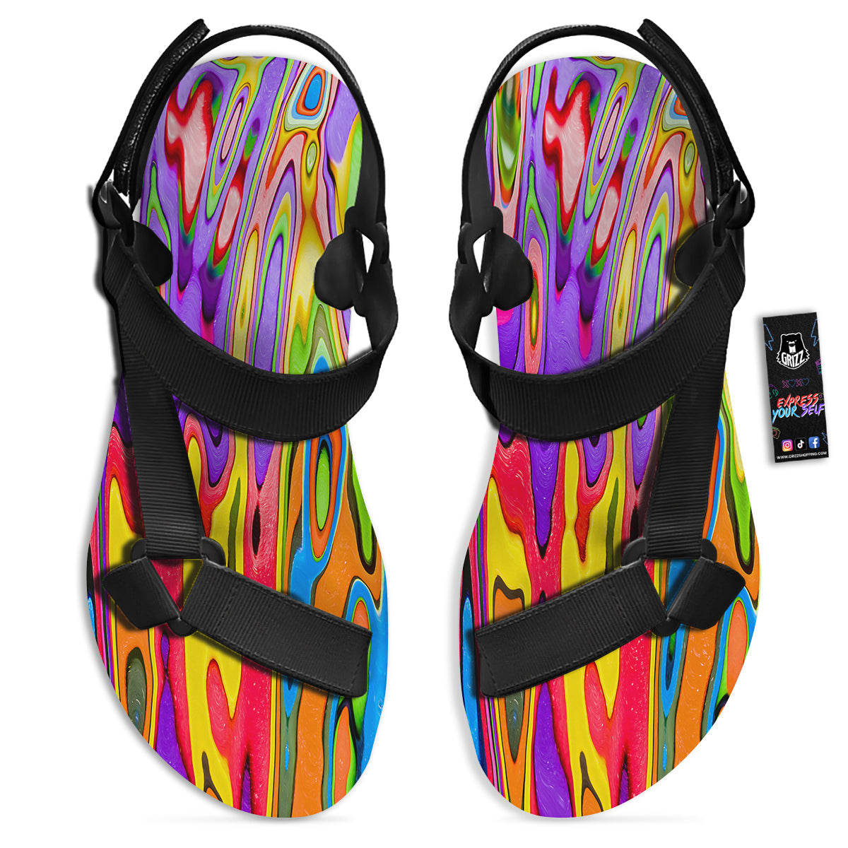 Psychedelic Colorful Print Black Open Toe Sandals-grizzshop