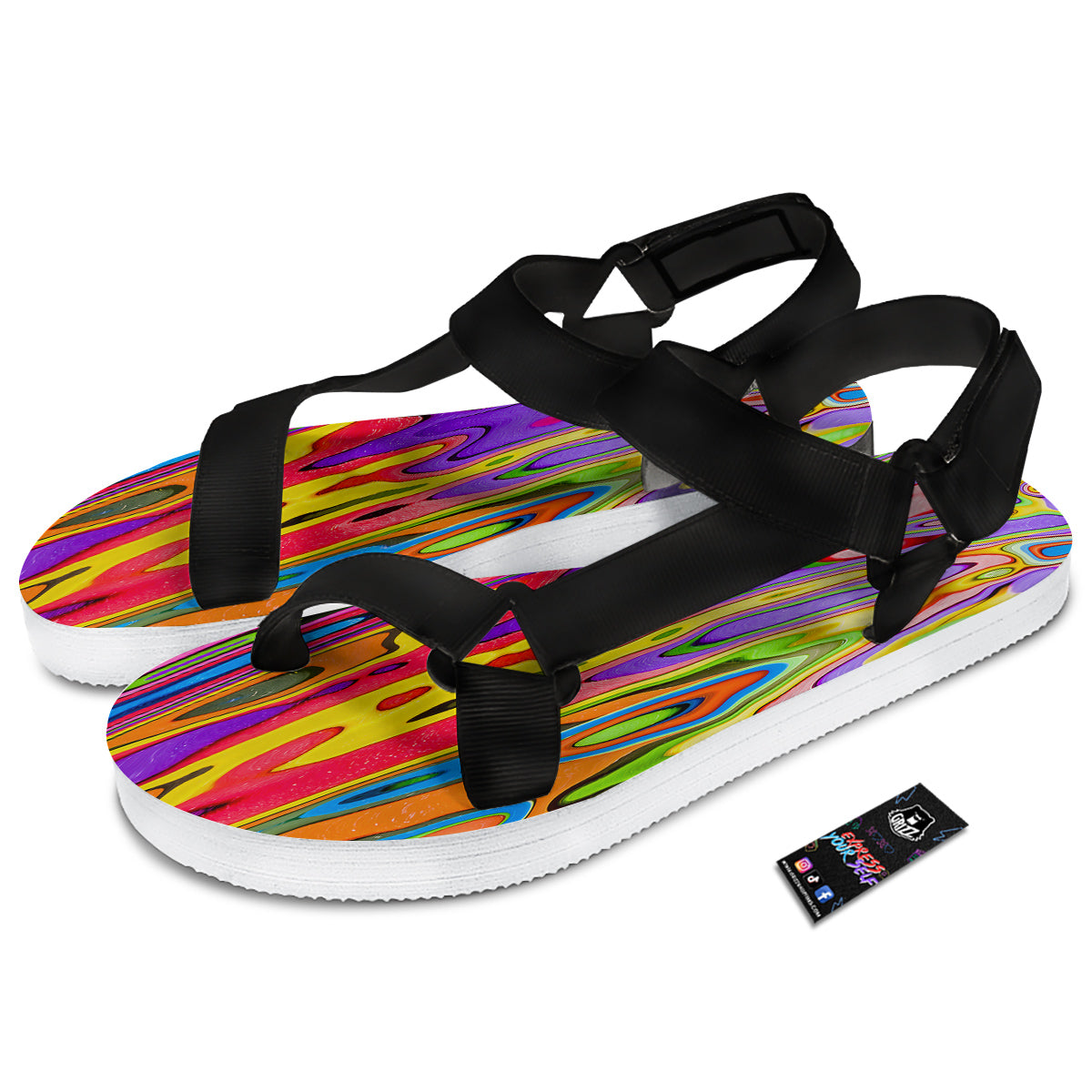 Psychedelic Colorful Print Black Open Toe Sandals-grizzshop