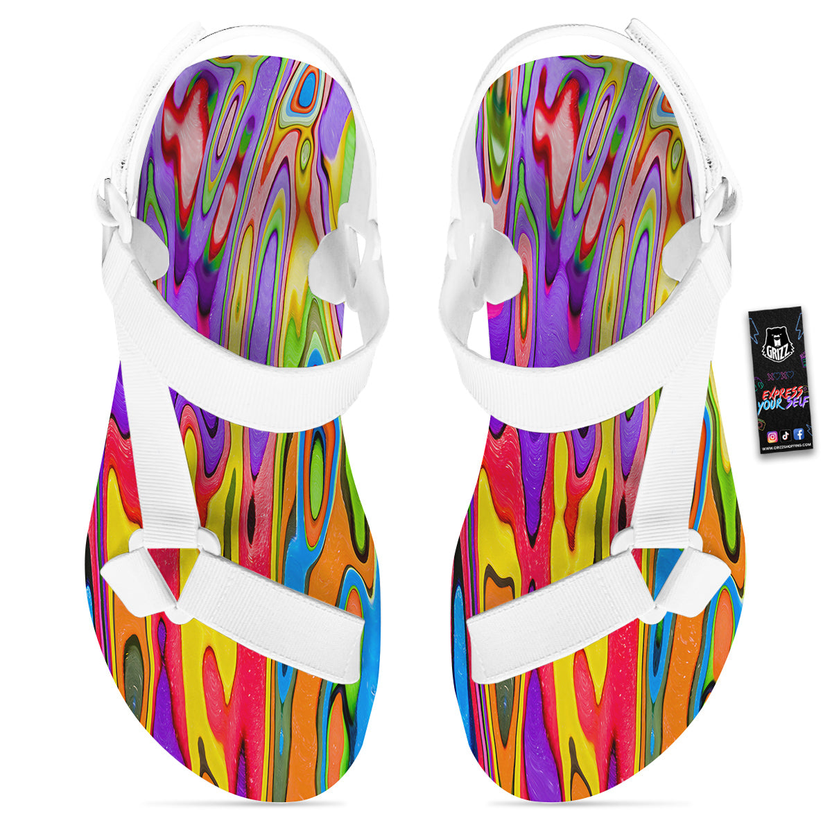 Psychedelic Colorful Print White Open Toe Sandals-grizzshop