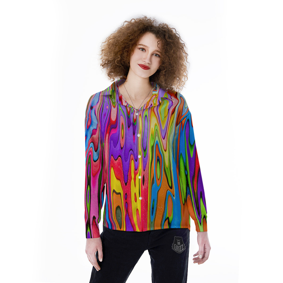 Psychedelic Colorful Print Women's Long Sleeve Shirts-grizzshop