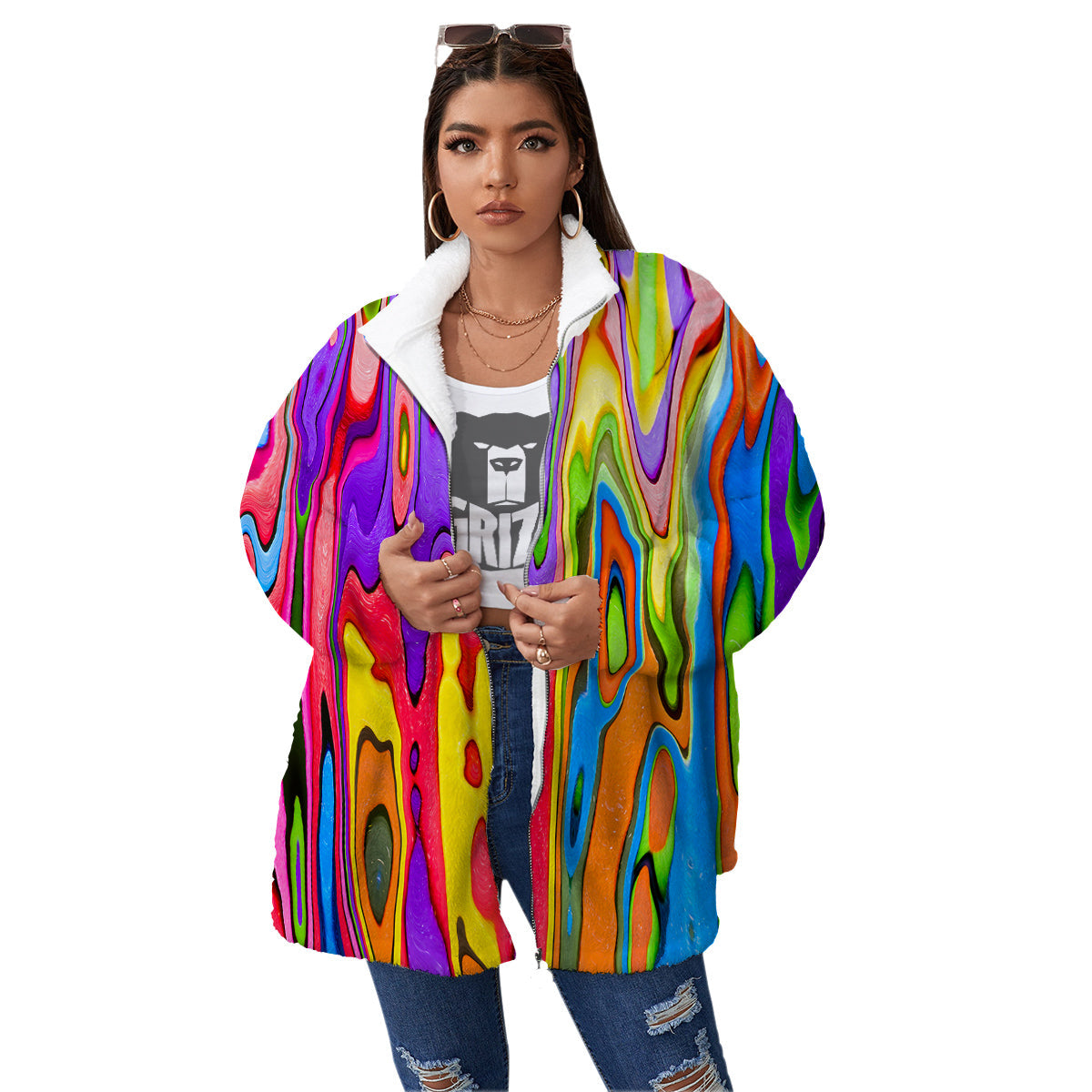 Psychedelic Colorful Print Women's Sherpa Jacket-grizzshop