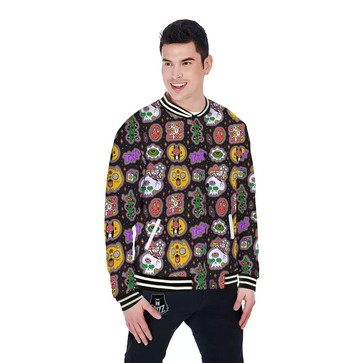 Psychedelic Funny Crazy Colorful Print Pattern Baseball Jacket-grizzshop