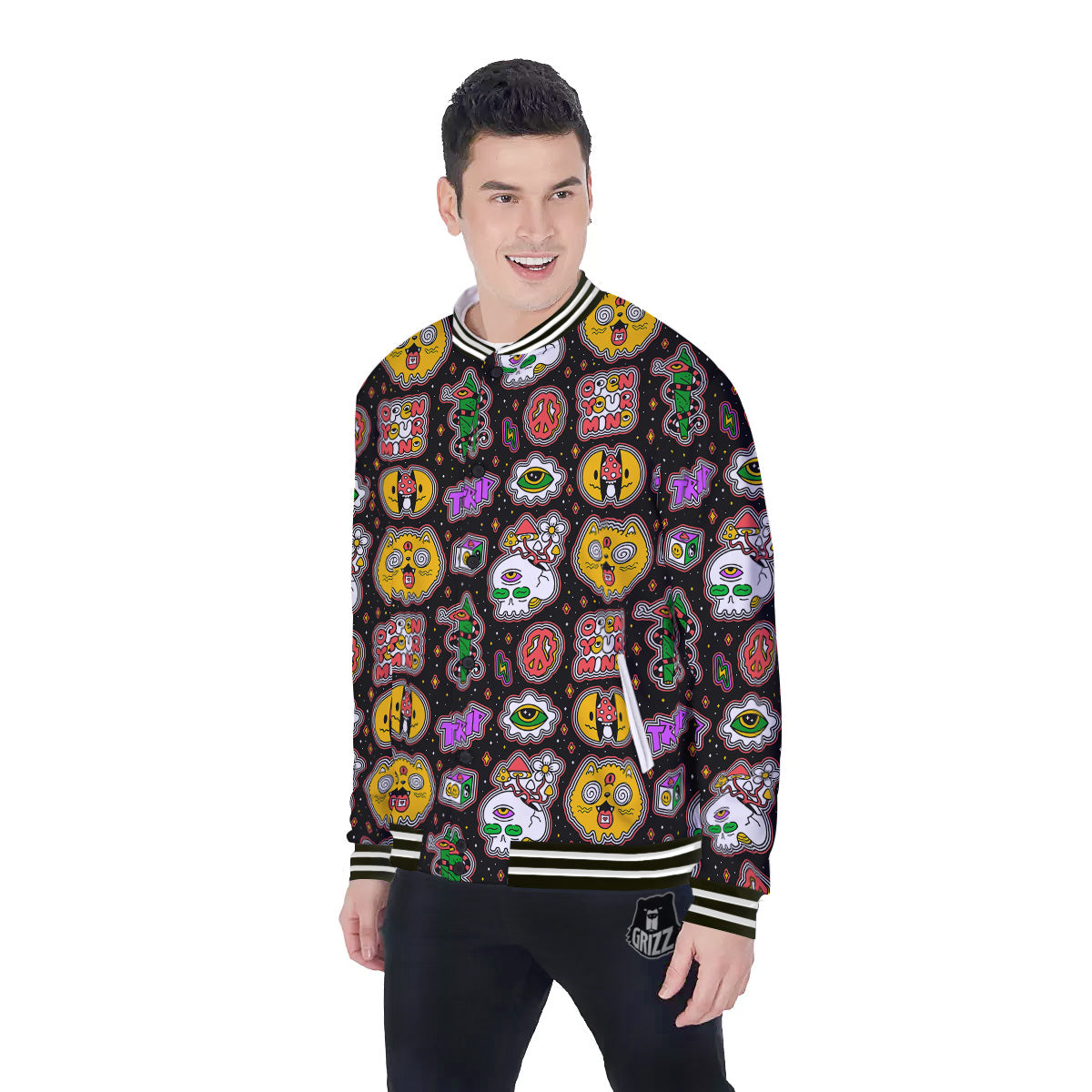 Psychedelic Funny Crazy Colorful Print Pattern Baseball Jacket-grizzshop