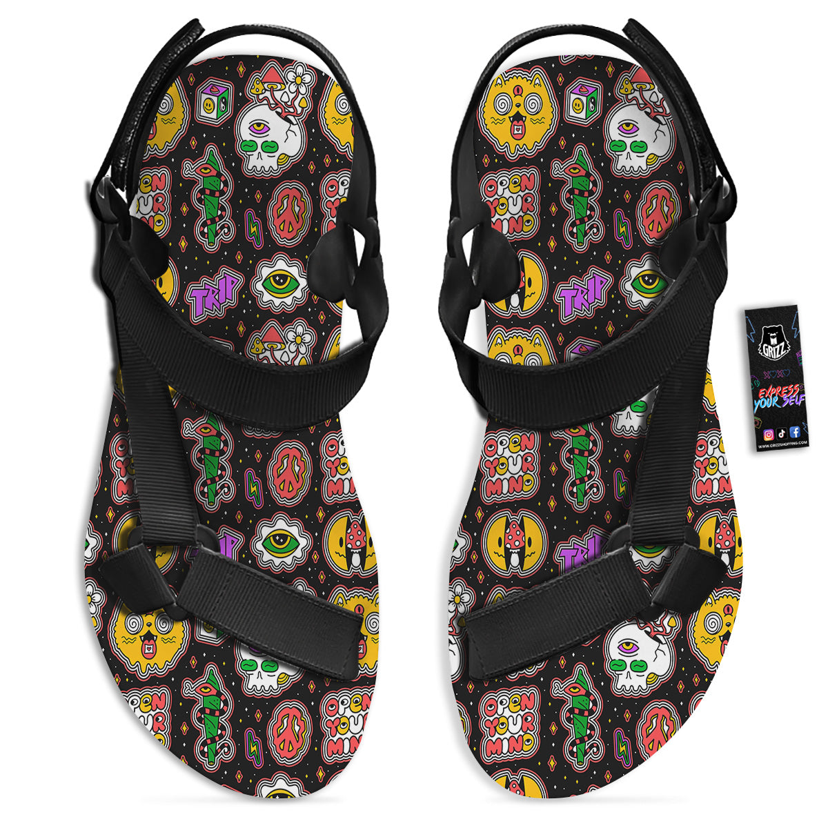 Psychedelic Funny Crazy Colorful Print Pattern Black Open Toe Sandals-grizzshop