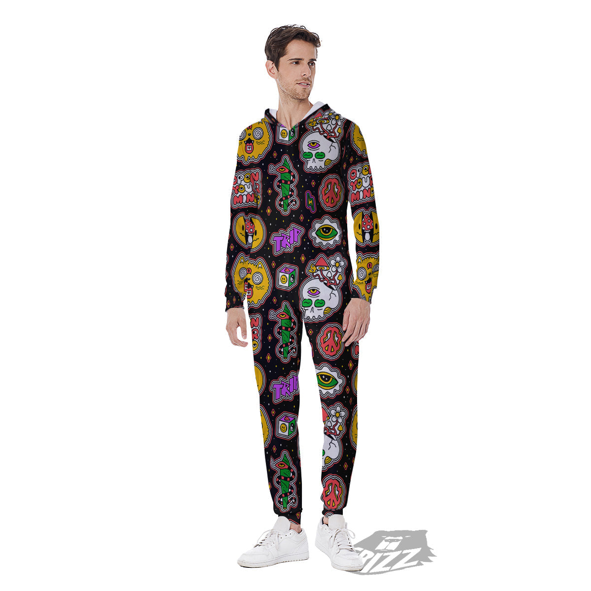 Psychedelic Funny Crazy Colorful Print Pattern Men's Jumpsuit-grizzshop
