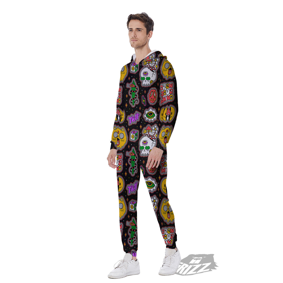 Psychedelic Funny Crazy Colorful Print Pattern Men's Jumpsuit-grizzshop