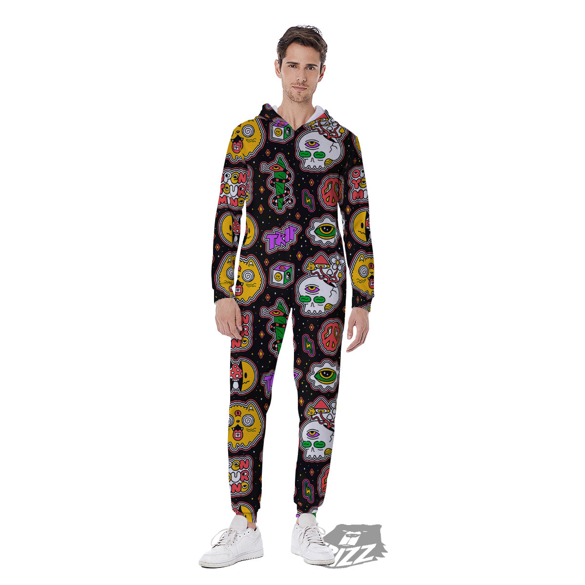 Psychedelic Funny Crazy Colorful Print Pattern Men's Jumpsuit-grizzshop
