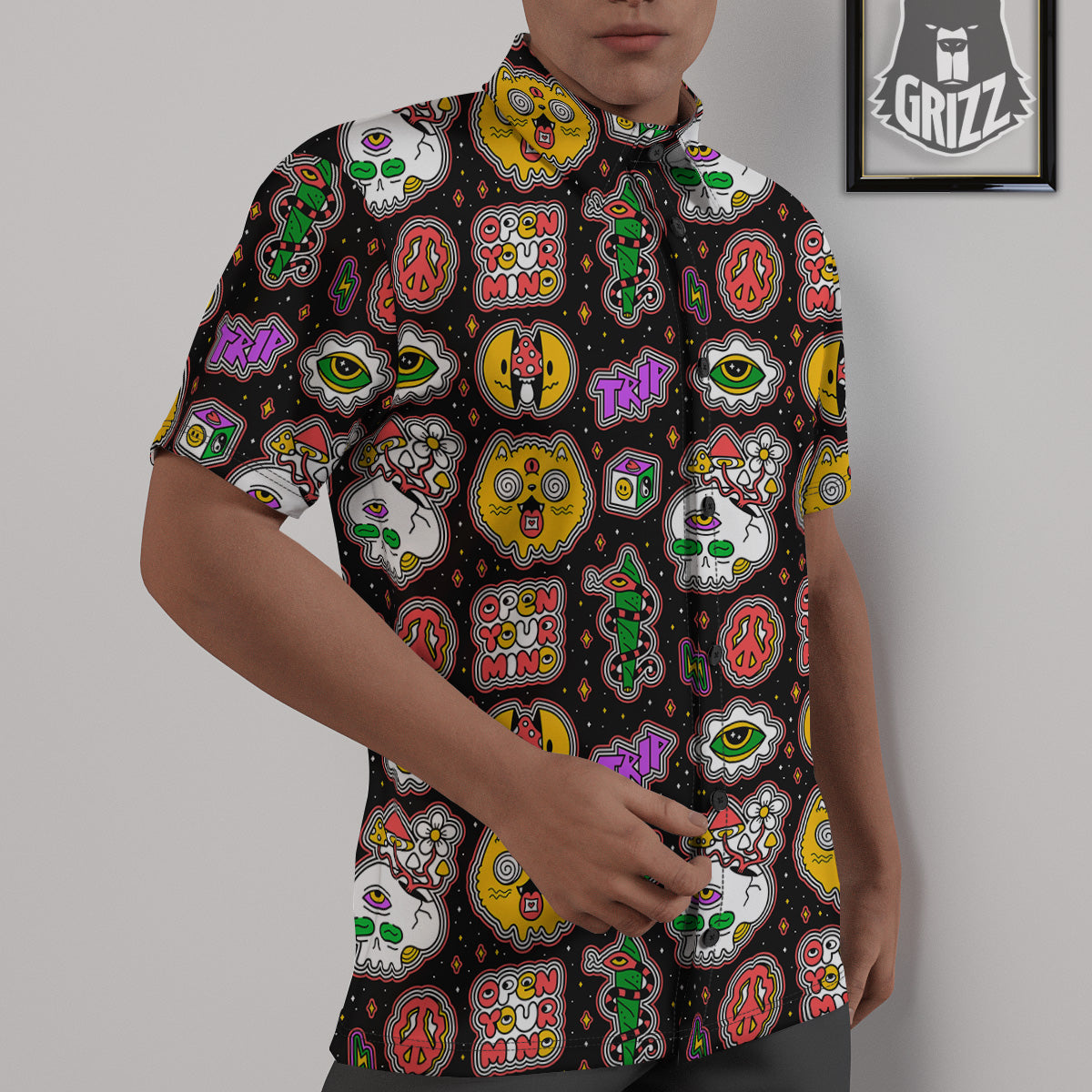 Psychedelic Funny Crazy Colorful Print Pattern Untucked Shirts-grizzshop