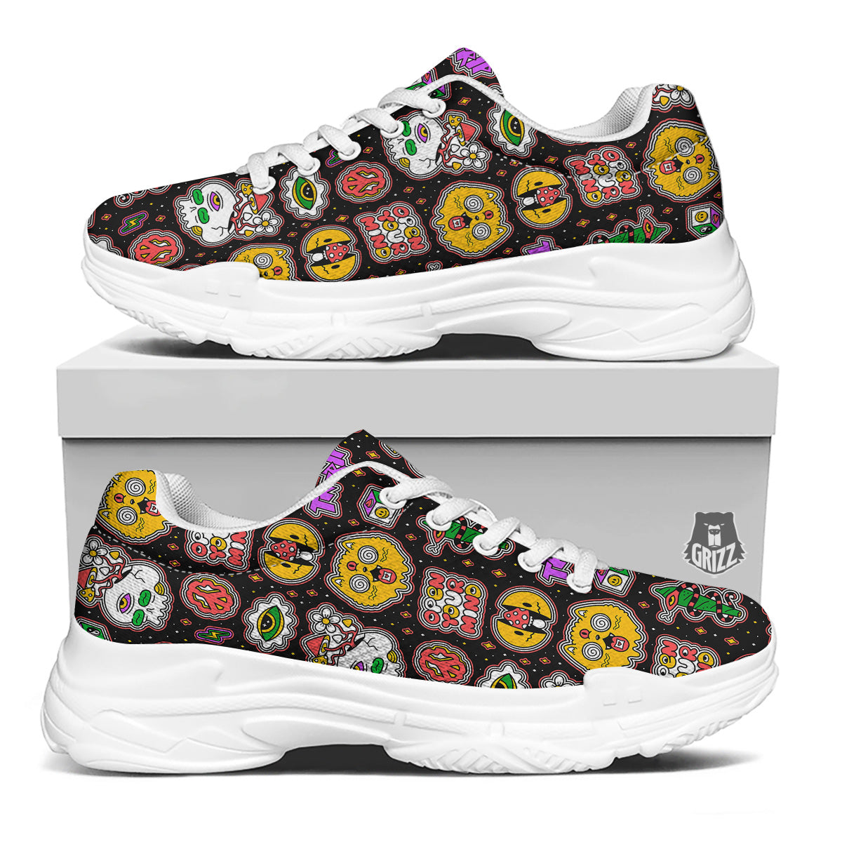 Psychedelic Funny Crazy Colorful Print Pattern White Chunky Shoes-grizzshop
