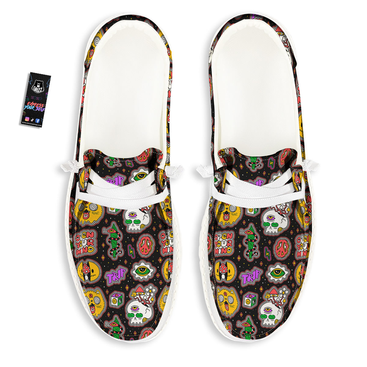 Psychedelic Funny Crazy Colorful Print Pattern White Loafers-grizzshop