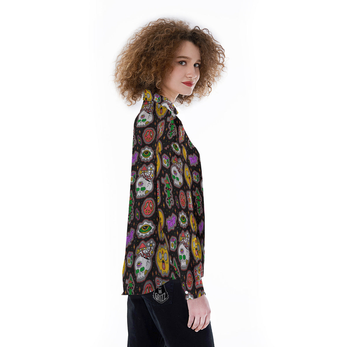 Psychedelic Funny Crazy Colorful Print Pattern Women's Long Sleeve Shirts-grizzshop