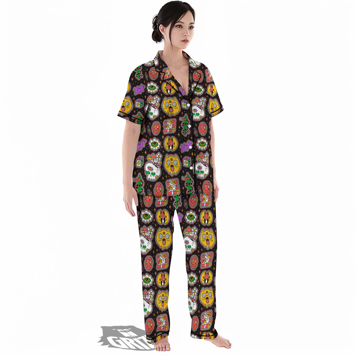 Psychedelic Funny Crazy Colorful Print Pattern Women's Pajamas Set-grizzshop