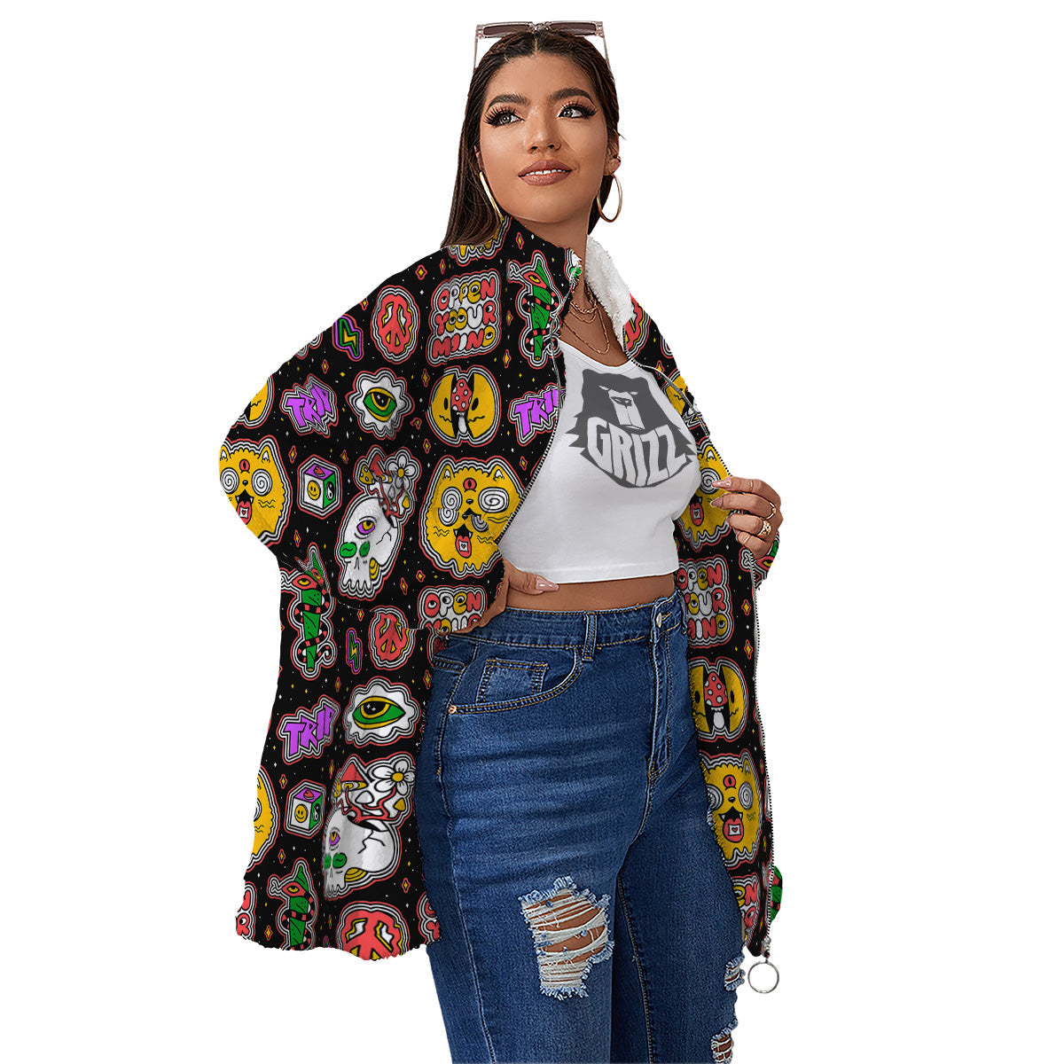 Psychedelic Funny Crazy Colorful Print Pattern Women's Sherpa Jacket-grizzshop